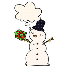 cartoon snowman and thought bubble in comic book style