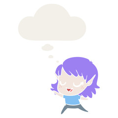 carton happy elf girl dancing and thought bubble in retro style