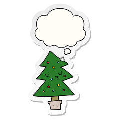 cartoon christmas tree and thought bubble as a printed sticker