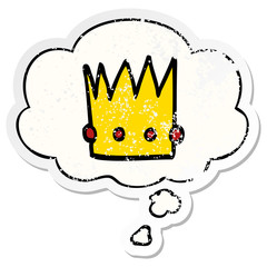 cartoon crown and thought bubble as a distressed worn sticker