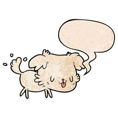 cute cartoon dog wagging tail and speech bubble in retro texture style