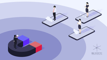 Office people use mobile phones. Vector isometric illustration for mobile social media marketing.
