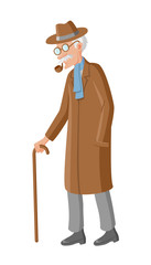 Old man with a pipe and a cane, wearing brown coat, hat and glasses