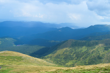 Fototapeta premium Panoramic view from Hoverla, Carpathian mountains, Ukraine. Horizontal outdoors shot