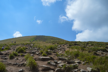Panoramic view on way to Hoverla, Carpathian mountains, Ukraine. Horizontal outdoors shot