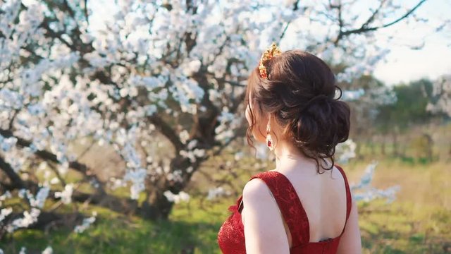 pretty woman standing with her back to camera, posing in chic expensive red dress alone in flowering forest, lady with dark braided collected hair and open back, image for holiday for girl, no face