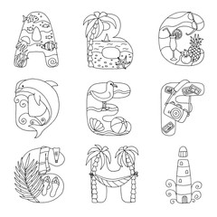 Doodle alphabet with rest on the sea, from A to I, for coloring page