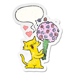 cartoon cat in love and flowers and speech bubble distressed sticker