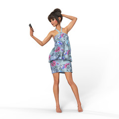 Girl is using smartphone 3d rendering