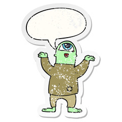 cartoon halloween monster and speech bubble distressed sticker