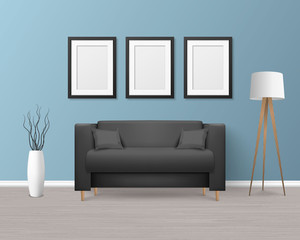 Vector 3d Realistic Render Black Sofa, Couch with Pillows in Simple Style in Modern Room - Apartment, Salon, Art Gallery, Living Room, Reception, Lounge or Office Interior. White Posters On the Wall