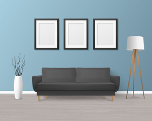 Vector 3d Realistic Render Black Sofa, Couch with Pillows in Simple Style in Modern Room - Apartment, Salon, Art Gallery, Living Room, Reception, Lounge or Office Interior. White Posters On the Wall