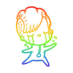 rainbow gradient line drawing cartoon crying girl wearing space clothes