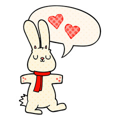 cartoon rabbit in love and speech bubble in comic book style