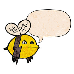 cartoon bee and speech bubble in retro texture style