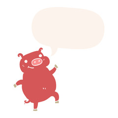 cartoon dancing pig and speech bubble in retro style