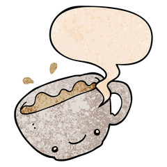 cartoon cup of coffee and speech bubble in retro texture style