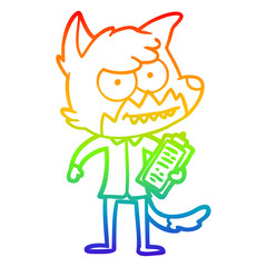 rainbow gradient line drawing cartoon grinning fox with clipboard