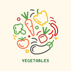 Round form set of vegetables icons in linear style - obrazy, fototapety, plakaty