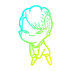 cold gradient line drawing cute cartoon girl with hipster haircut