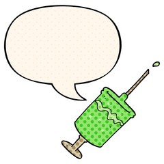 cartoon syringe needle and speech bubble in comic book style