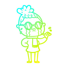 cold gradient line drawing cartoon crying woman wearing spectacles
