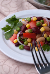 Healthy bean and corn salad on a white plate