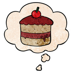 cartoon cake and thought bubble in grunge texture pattern style