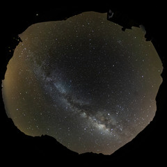 Circular shot of stars and milky way at hight sky via fish eye lens. Long Exposure. Square frame. Photo has a black circle border. National Park Teide, Tenerife