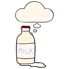 cartoon milk bottle and thought bubble in comic book style