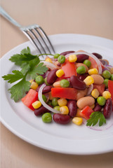 Closeup of healthy bean salad on a white plate