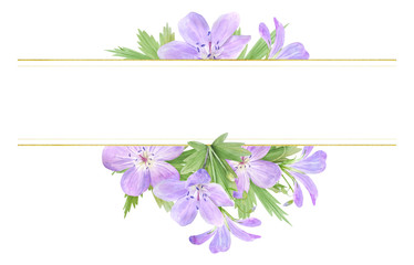 Frame of lilac watercolor geranium flowers isolated on white background. Perfect for logo, design, cosmetics design, package, textile