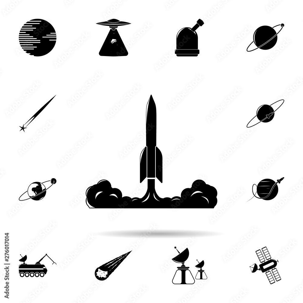 Poster rocket icon. universal set of space for website design and development, app development