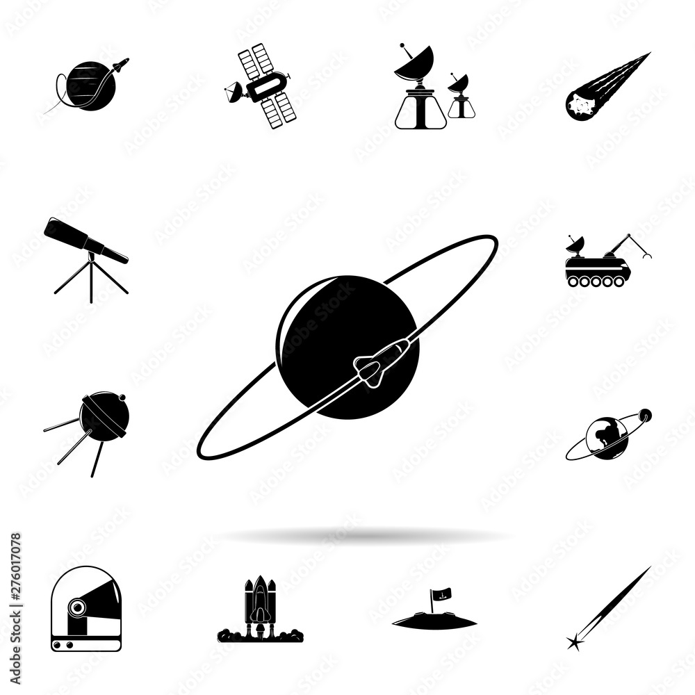 Poster rocket into the circle of the earth icon. universal set of space for website design and development,