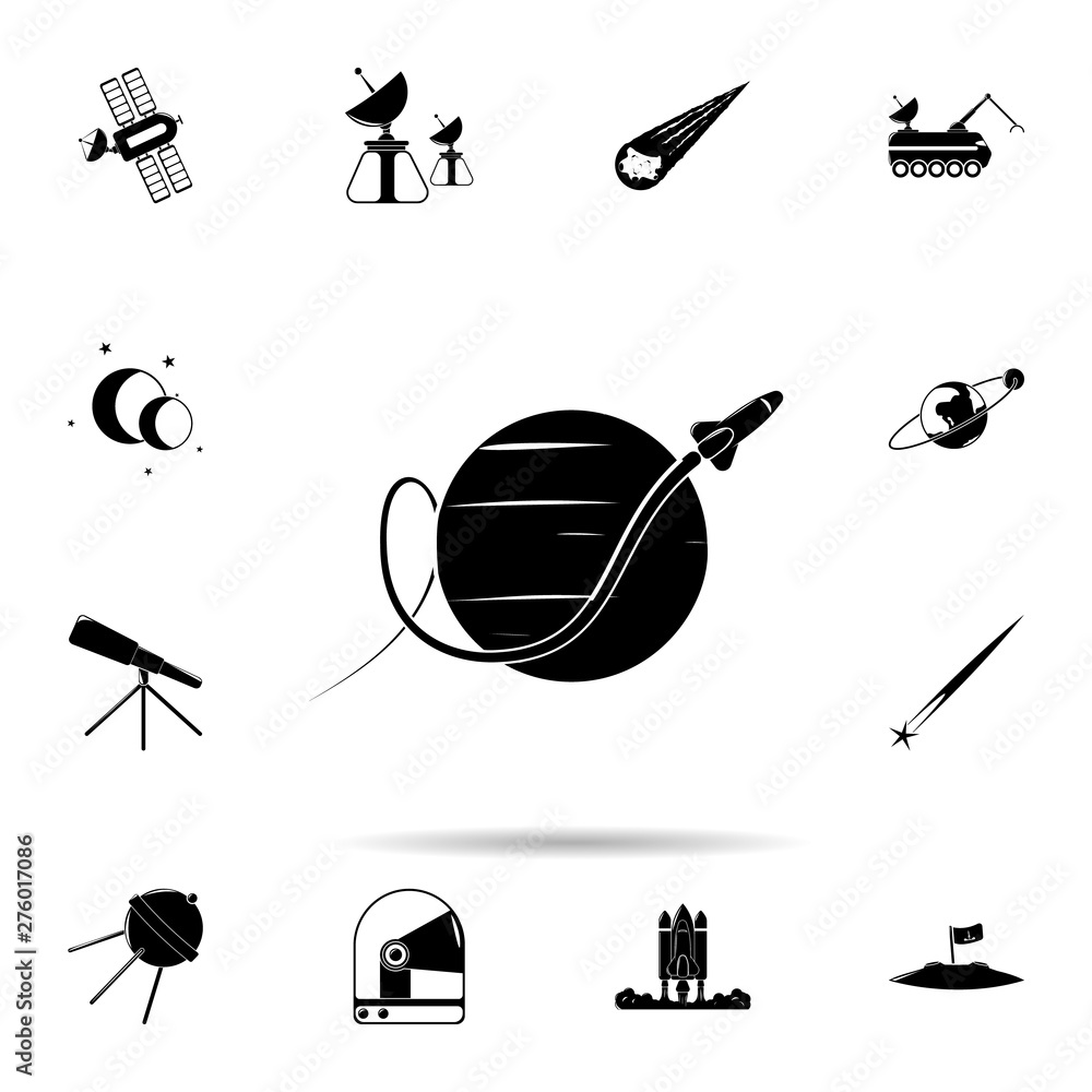 Poster rocket and planet icon. universal set of space for website design and development, app development