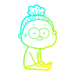 cold gradient line drawing cartoon happy old woman