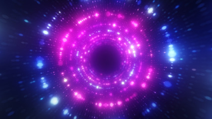 Bright abstract wavy motion background. Neon ultraviolet lamps. Glowing points of the spiral tunnel. Bright bright points. laser light. Modern pink and blue color spectrum. 3d illustration
