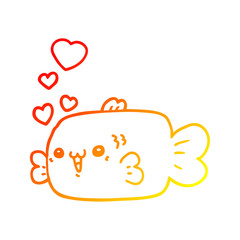 warm gradient line drawing cute cartoon fish with love hearts