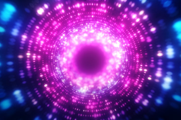 Bright abstract wavy motion background. Neon ultraviolet lamps. Glowing points of the spiral tunnel. Bright bright points. laser light. Modern pink and blue color spectrum. 3d illustration