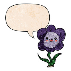cartoon flower and speech bubble in retro texture style