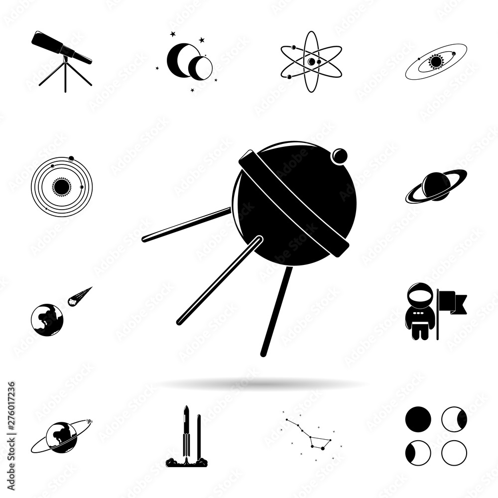 Poster first satellite icon. universal set of space for website design and development, app development