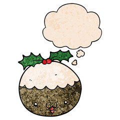 cute cartoon christmas pudding and thought bubble in grunge texture pattern style