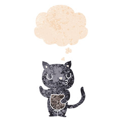 cute cartoon cat and thought bubble in retro textured style