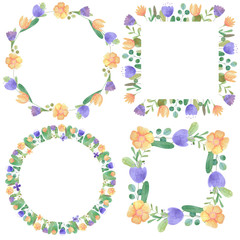 set of hand-drawn watercolor frames of stylized flowers