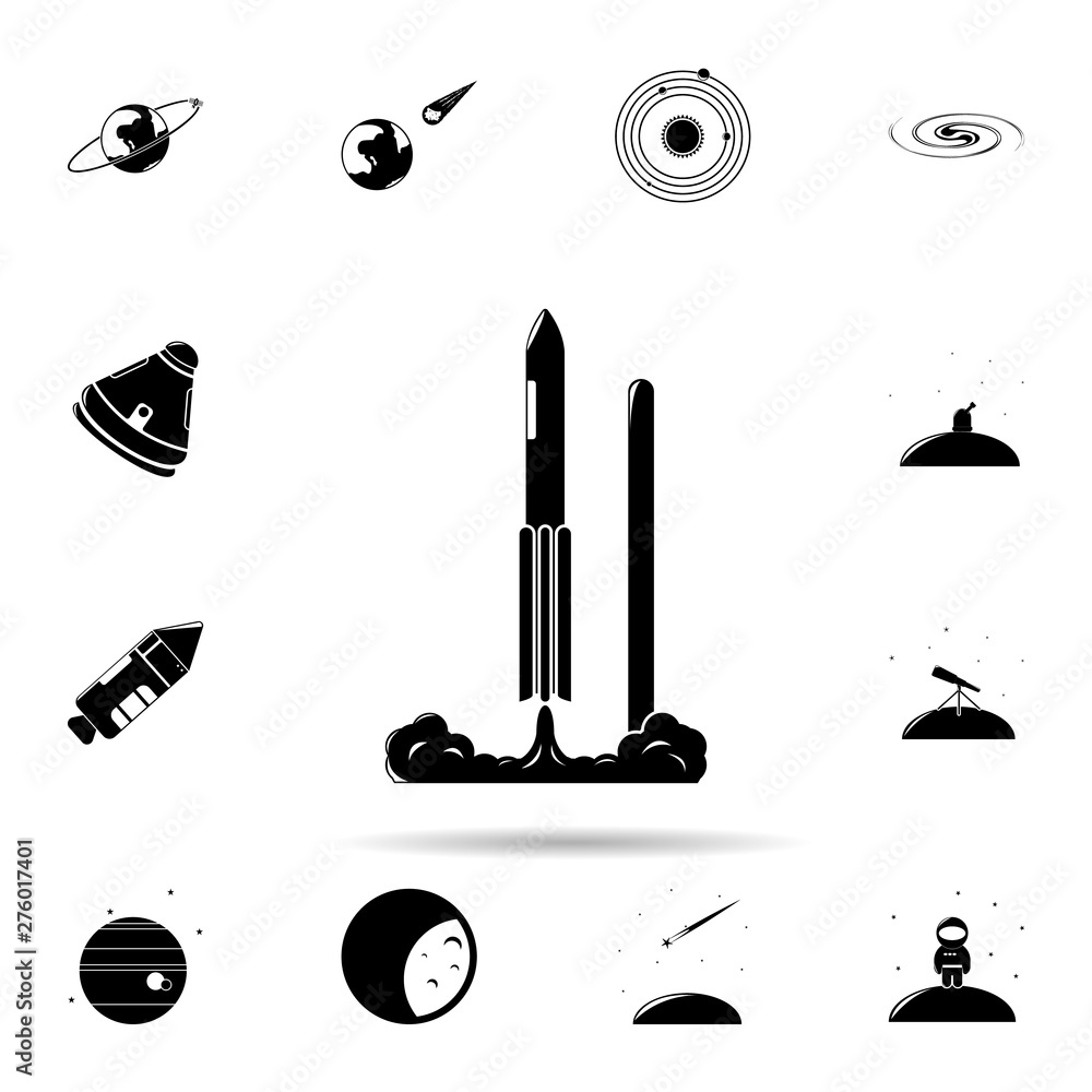 Poster launch rocket icon. universal set of space for website design and development, app development