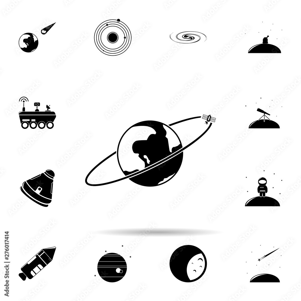Poster artificial satellite and earth icon. universal set of space for website design and development, app 