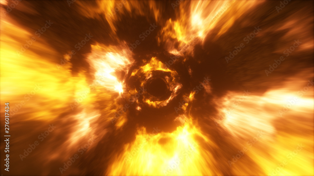 Poster flying in a colorful abstract energy tunnel in outer space. vortex energy flows. 3d illustration