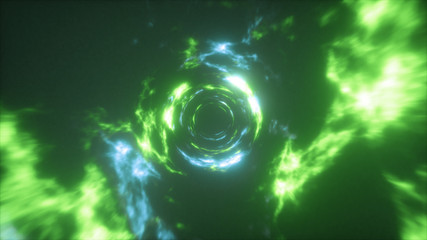 Flying in a colorful abstract energy tunnel in outer space. Vortex energy flows. 3d illustration