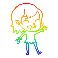 rainbow gradient line drawing cartoon vampire girl with blood on cheek