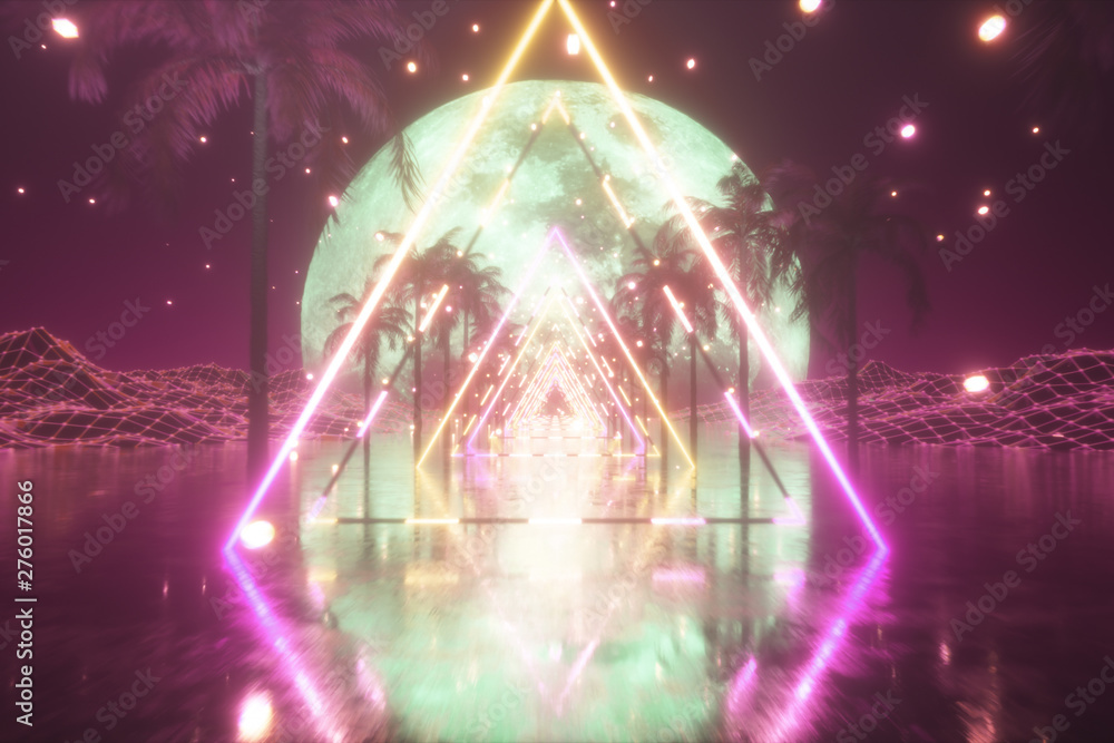 Poster 80's abstract retro futuristic background. 3d illustration with ultraviolet neon triangle modern lig